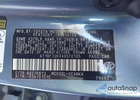 2004 Toyota Camry Le V6 z USA, uszkodzony, nr VIN 4T1BF32KX4U570105